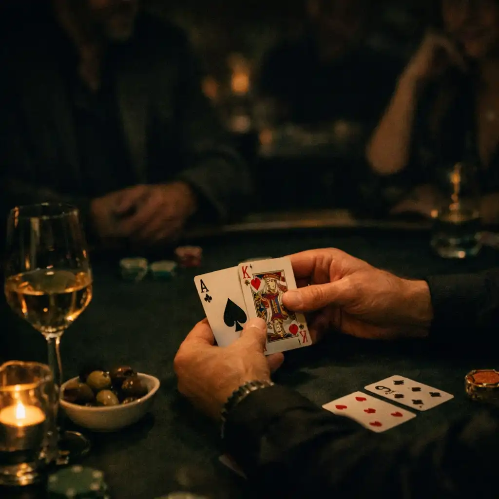 Ruce moderátora u tmavého stolu při offline společenském pokerovém formátu
