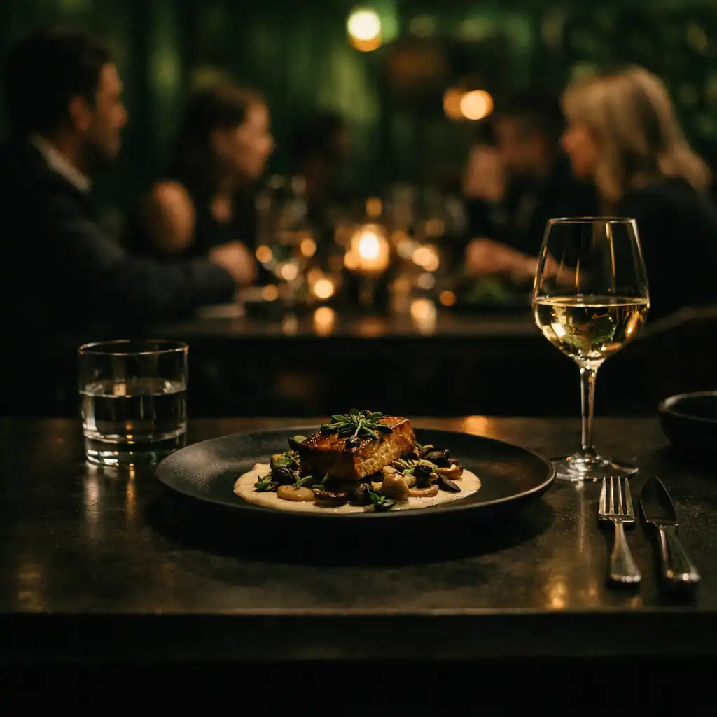 Naservírovaný talíř a sklenka na společném stole v temné městské restauraci