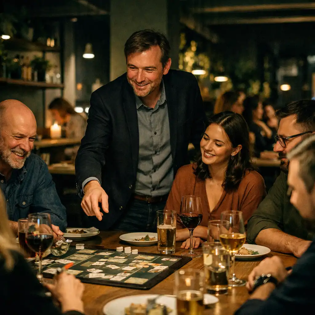 Hostitel zapojuje hosty u dlouhého stolu v noční restauraci