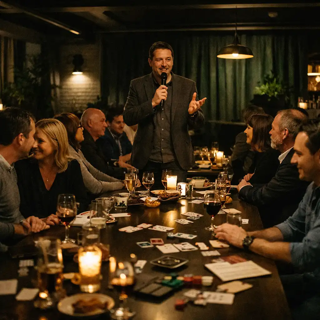 Hostitel a hosté u dlouhého stolu během moderovaného offline večera v noční restauraci